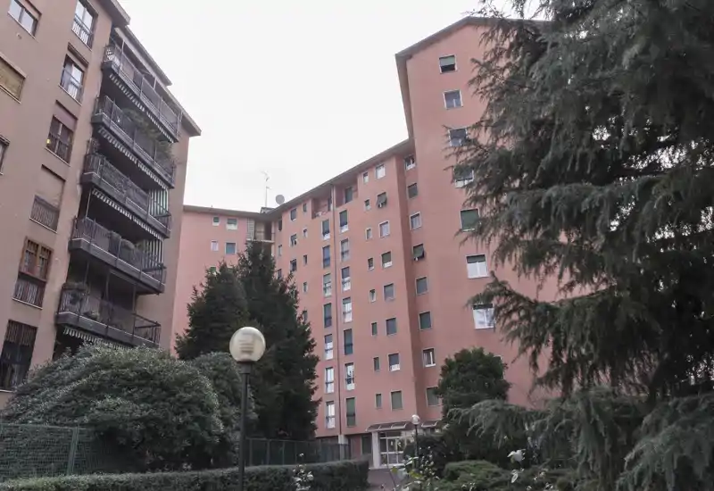 Vista del cortile esterno di un condominio con balconi, alberi e un lampione al centro — ideale per mostrare l'area esterna comune.