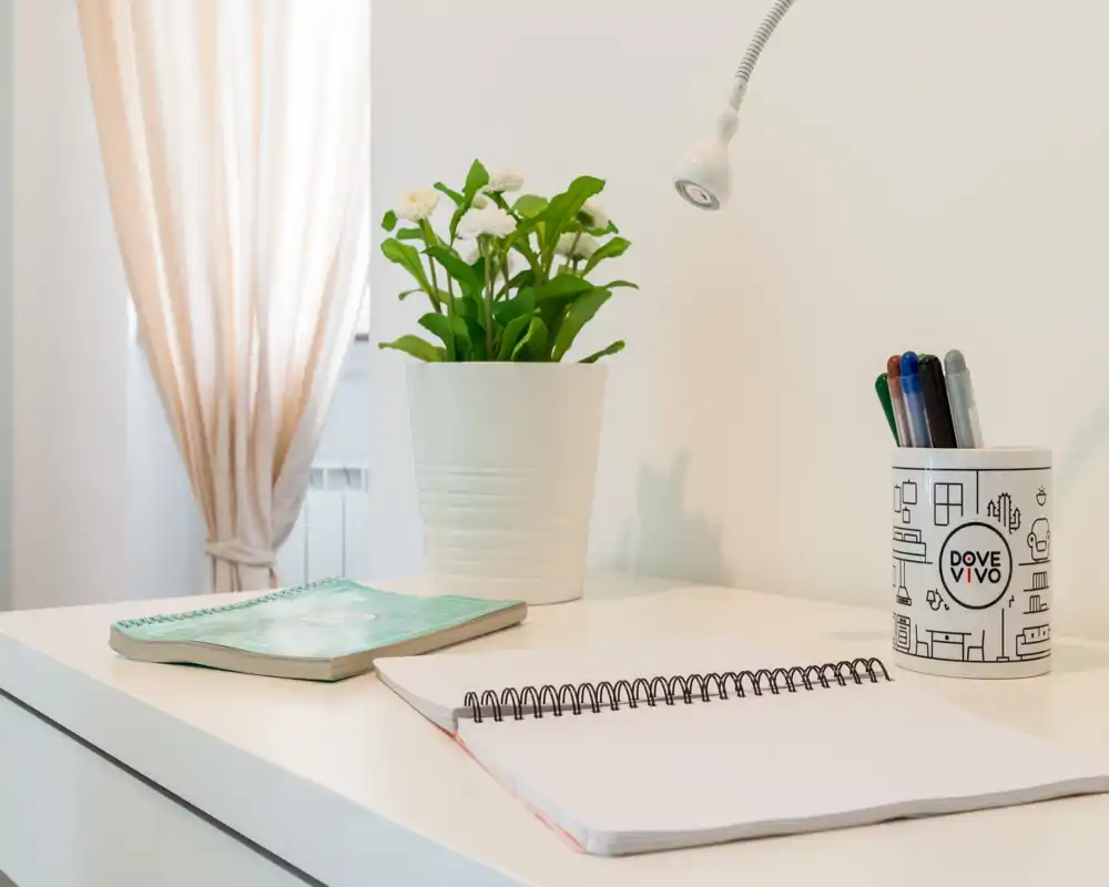 Bright, tidy desk area with a spiral notebook, pen holder, small lamp and a potted plant beside a soft-curtained window — ideal for studying or working.