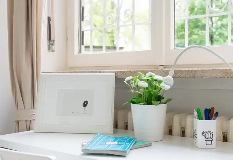Bright desk area by a window with a framed print, potted plant and pens — a calm work or study corner with natural light.