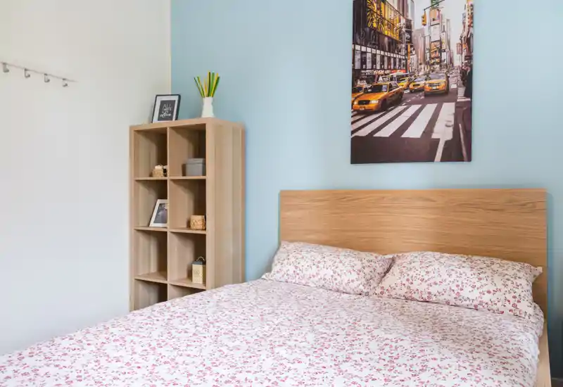 Chambre lumineuse et bien décorée avec un lit double aux draps imprimés, une tête de lit en bois et une étagère décorative; la peinture claire et le tableau mural donnent une ambiance agréable.