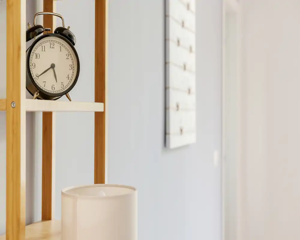 La imagen muestra un primer plano de una estantería con un reloj despertador y una lámpara con luz natural suave; no se aprecia el contexto de la habitación, por lo que no es posible determinar su función principal a partir de este encuadre.