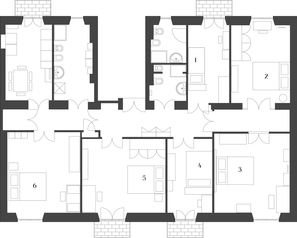 Plan architectural détaillé (vue de dessus) montrant les pièces, l'agencement du mobilier, les portes et fenêtres — adapté à la visualisation de la planimétrie du logement.
