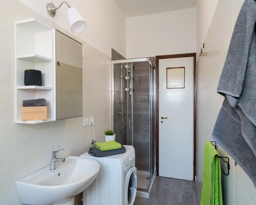 Bright, modern bathroom with a corner glass shower, sink with mirror cabinet and a washing machine. Fresh towels and simple decor create a neat, functional space.