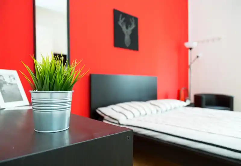 Dormitorio moderno y luminoso con cabecero negro sobre una pared roja intensa, ropa de cama a rayas y una planta decorativa en primer plano. La composición destaca la zona de la cama y crea un ambiente acogedor y con estilo, perfecto para anuncios.
