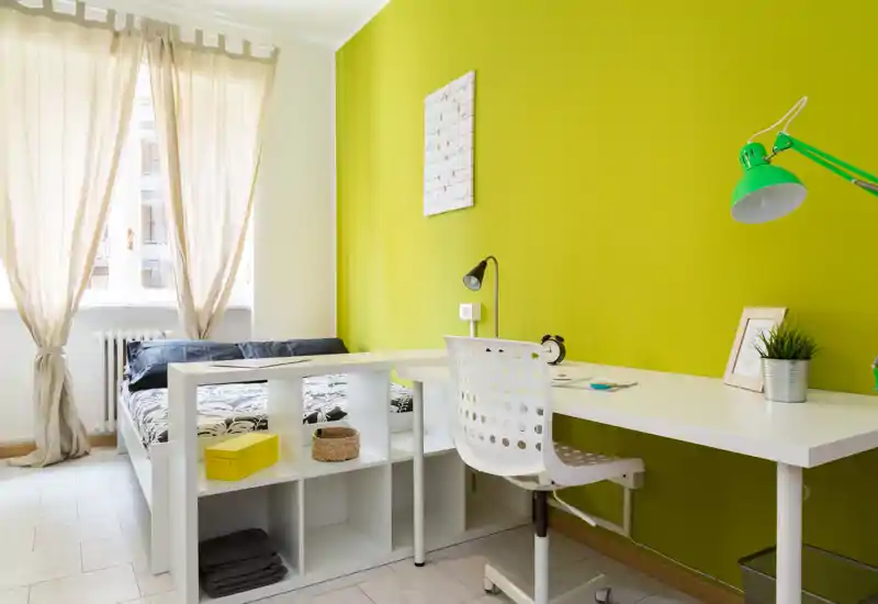 Bright, modern bedroom with a white desk and shelving unit dividing the bed area. The room features a vivid green accent wall, large window with sheer curtains and simple, contemporary furnishings.