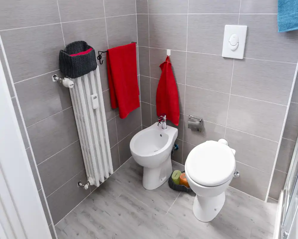 Bagno moderno e pulito con WC e bidet, pareti piastrellate grigie e pavimento effetto legno, con asciugamani rossi.