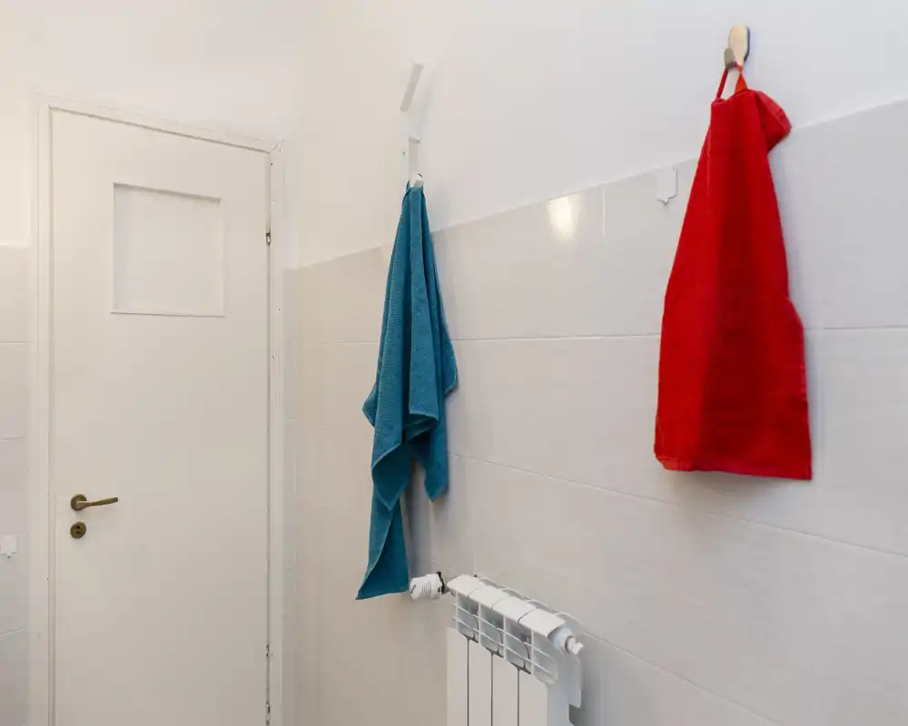 Coin de salle de bain avec porte blanche fermée, carrelage mural, radiateur et deux serviettes accrochées (rouge et turquoise). L'image est propre, lumineuse et adaptée à une annonce locative.