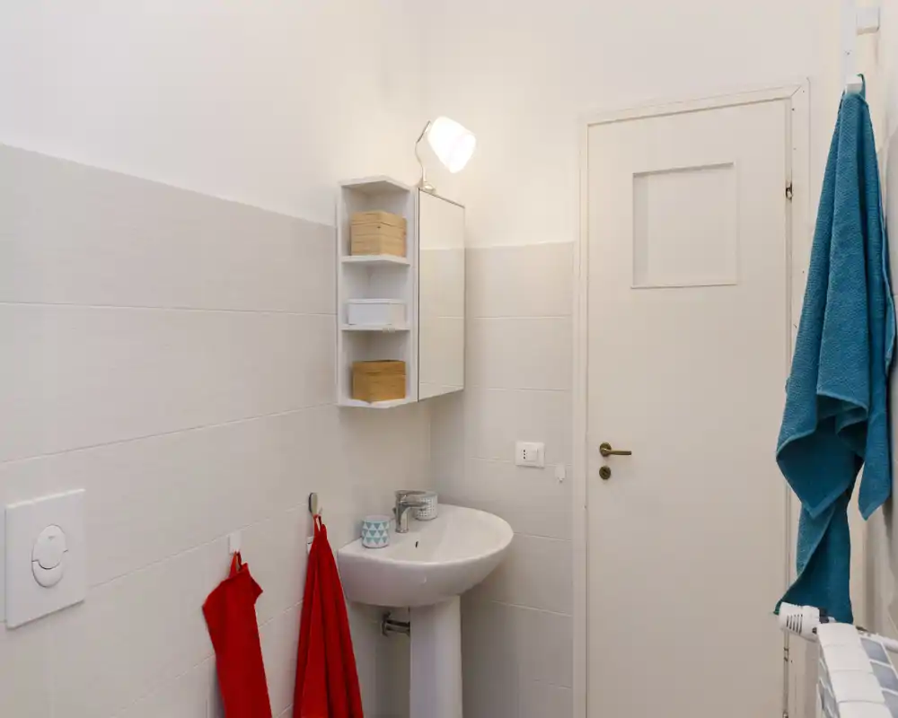 Petit bain lumineux avec lavabo sur colonne, armoire-miroir, crochets pour serviettes et accessoires soignés ; carrelage blanc et serviettes colorées pour le contraste.