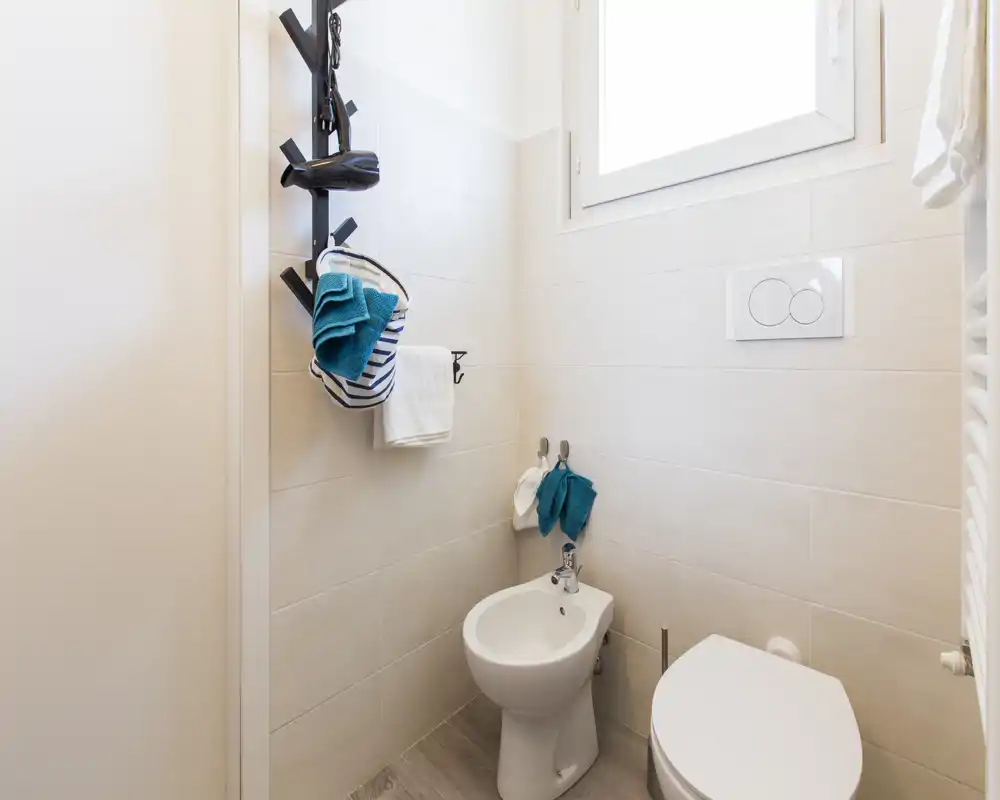 Baño compacto y moderno con bidé y pulsador empotrado, azulejos claros y una ventana que aporta luz natural. Toallas y colgadores ofrecen un detalle práctico.