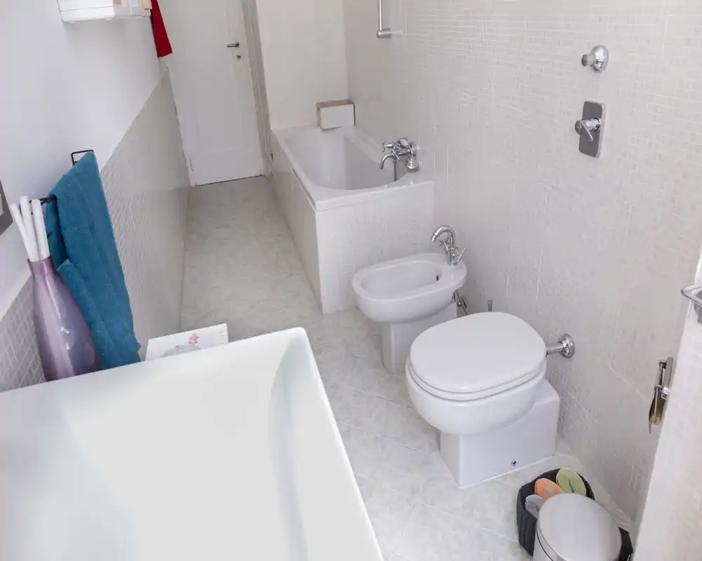 Clean, well-lit bathroom with bathtub, toilet and bidet arranged along the right wall, light mosaic tiles and white fixtures.