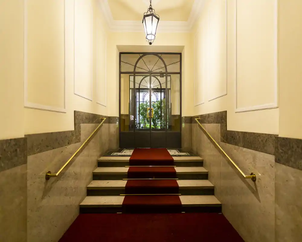 Elegant building entrance with carpeted steps, brass handrails and a decorative glass door—bright, symmetrical and welcoming.