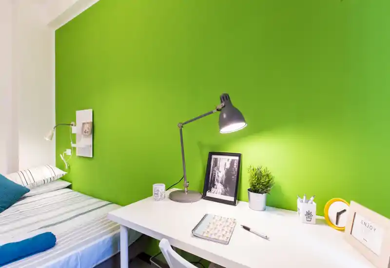 Compact, well-staged bedroom corner with a single bed and a tidy white desk against a vivid green accent wall. The setup includes a reading lamp, small plant and framed photo — ideal for a cozy study-and-sleep space.