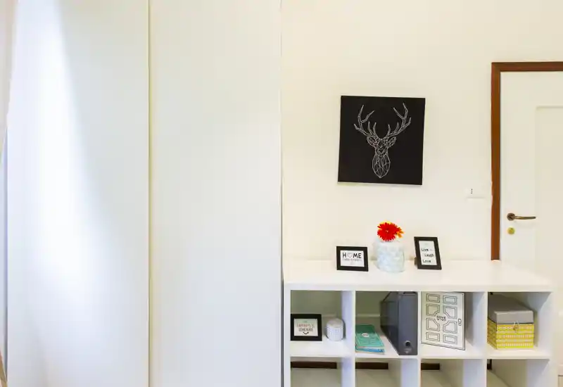 Bright, minimal entrance area with built-in storage and decorative shelving creating an organized welcome space.