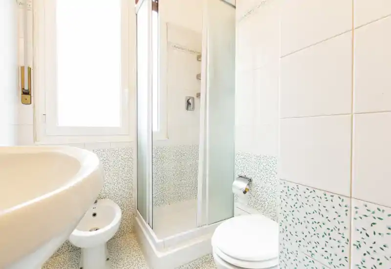 Compact, well-lit bathroom with a corner shower cubicle, toilet and bidet; white sanitary fixtures and patterned tiles create a fresh look.