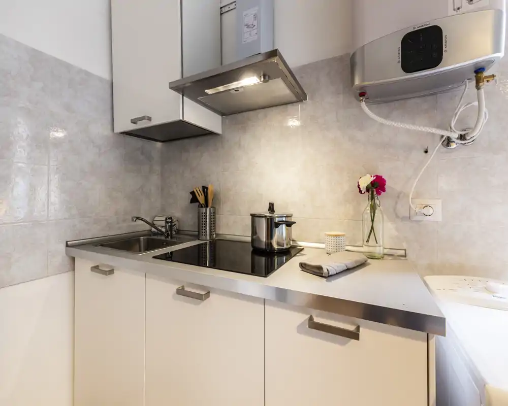 Compact modern kitchen corner with stainless-steel countertop, induction cooktop, sink and small decorative vase—clean and well-organized space ideal for short-term rentals.