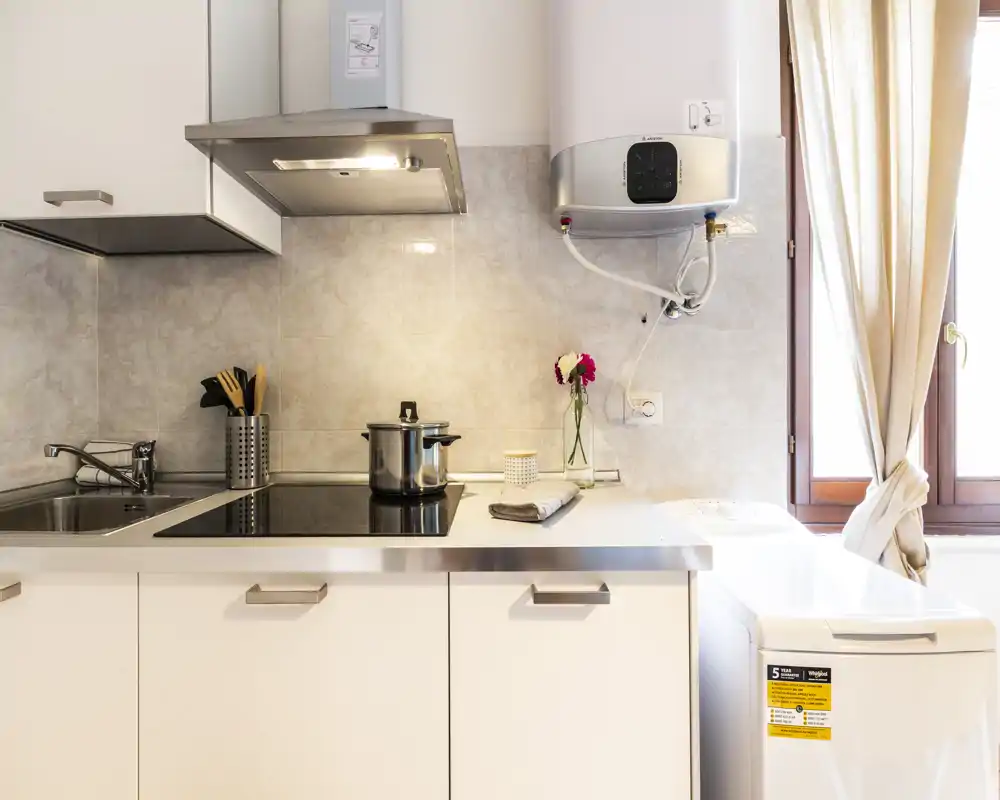 Compact, modern kitchen corner with induction cooktop, stainless sink and a bright window letting in natural light. Clean white cabinets, small decorative vase and organized utensils give a neat, welcoming feel.