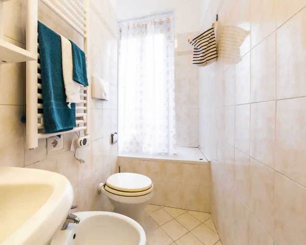 Compact, well-lit bathroom with bathtub, toilet, bidet and wall-mounted towel radiator; light tiles and a patterned shower curtain create a clean, neutral look.