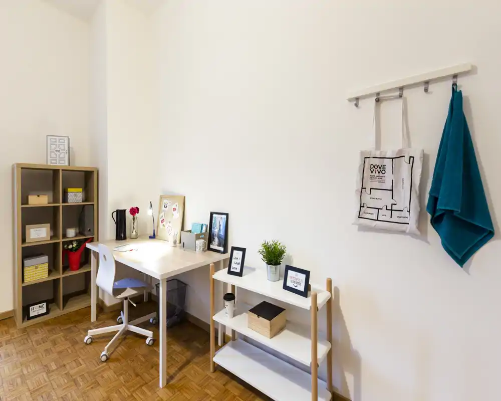 Bright, minimal living/working corner with a desk, shelving unit and small decorative touches — ideal for a compact apartment home office.