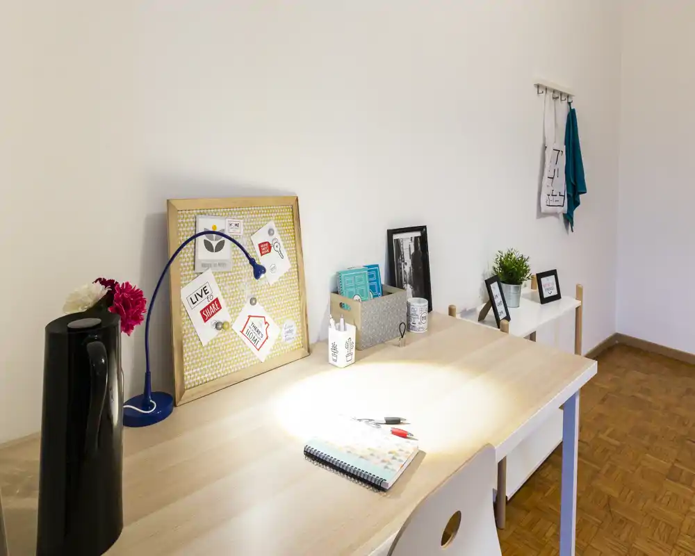 Bright, tidy workspace with a wooden desk, decorative pinboard, lamp and small plants — ideal for remote work or study in a cozy living area.