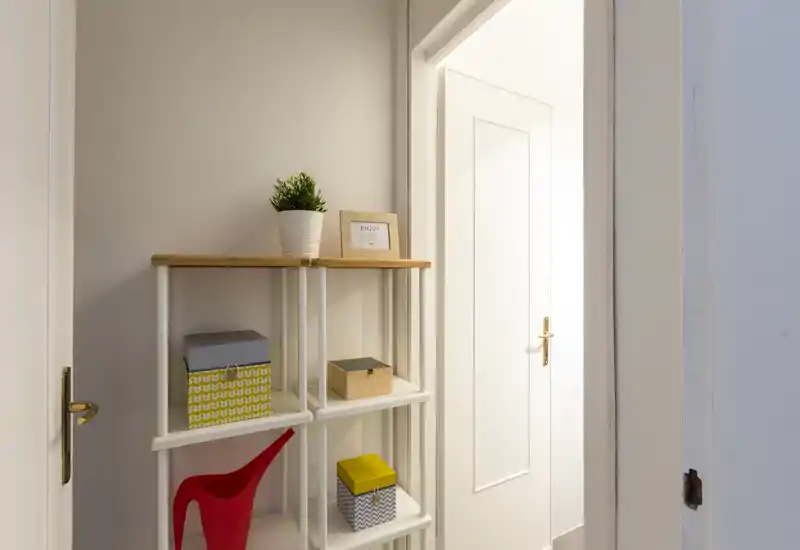 Ingresso compatto e ben illuminato con una piccola libreria, scatole decorative e una pianta in vaso — un'ottima prima impressione.