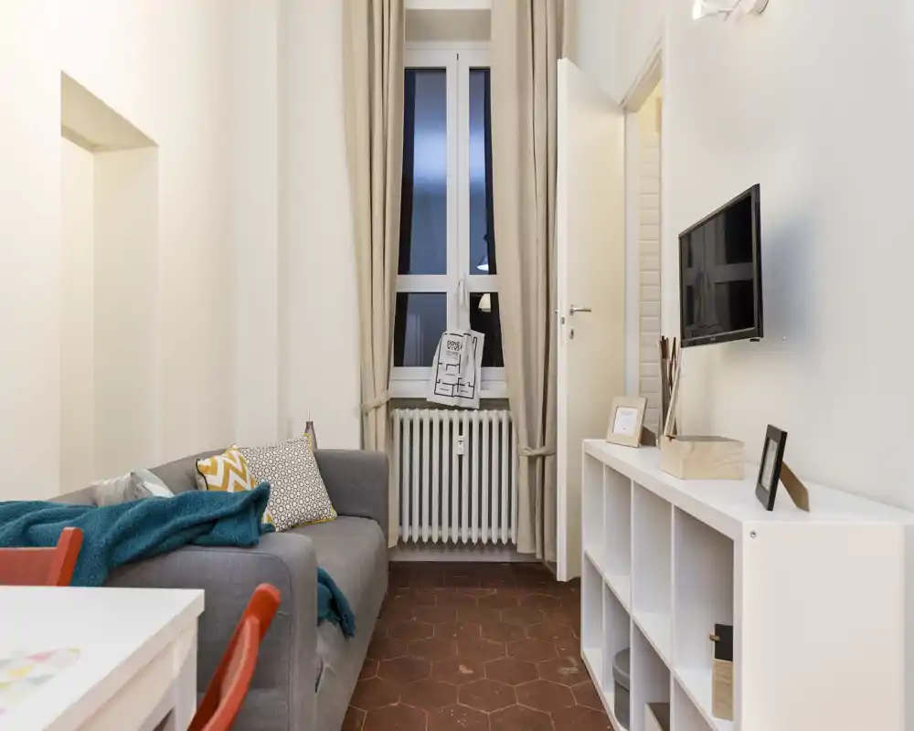 Zona giorno accogliente e ben illuminata con divano grigio, cuscini colorati e TV a parete; scaffale ordinato e finestra con tende che creano un’atmosfera domestica.