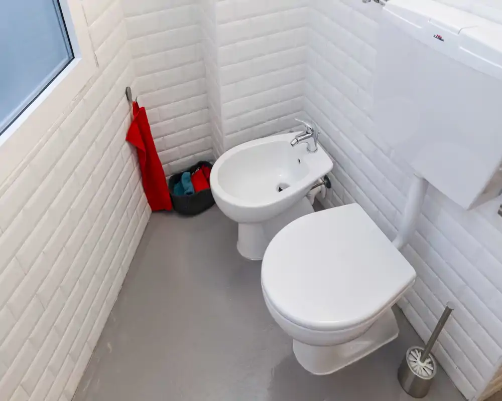 Baño compacto y limpio con azulejos blancos tipo metro, inodoro y bidé, y una ventana luminosa que aporta luz natural.
