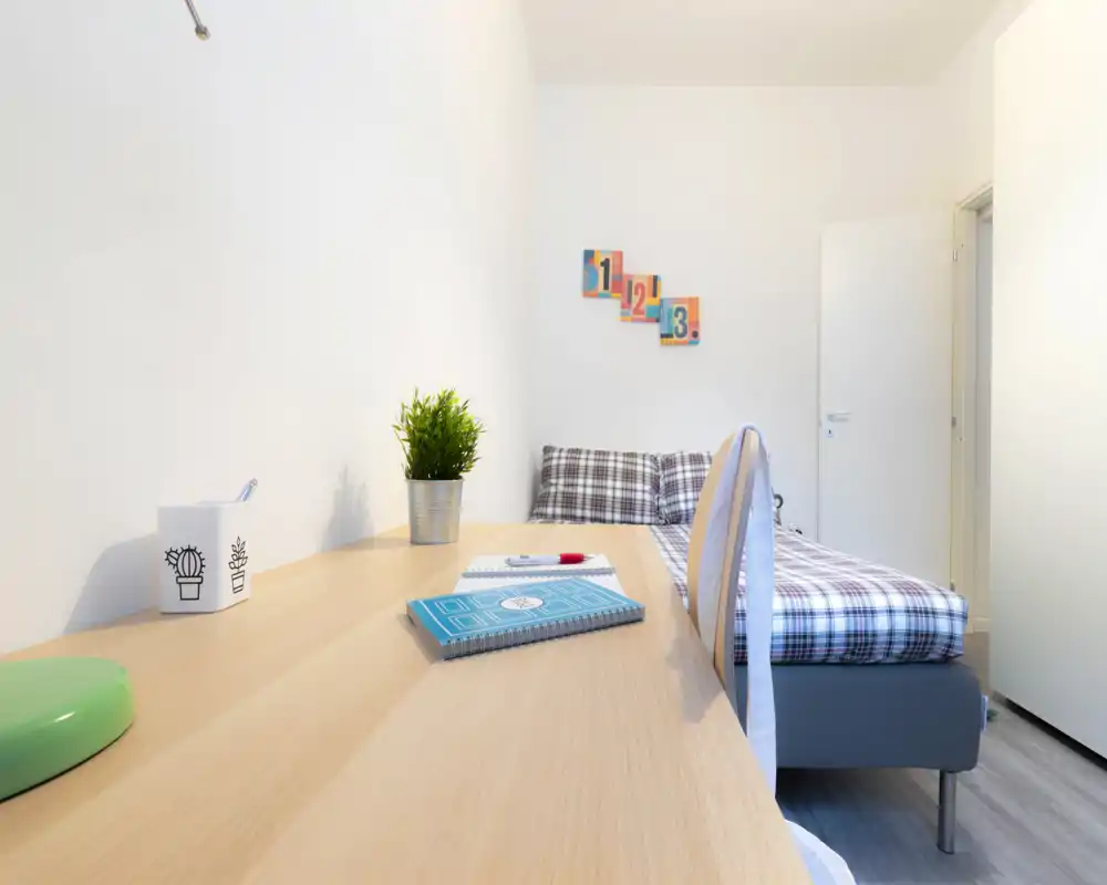 Bright, compact bedroom with a single bed dressed in a checked duvet, a wooden desk in the foreground and simple decorative accents — ideal for a student or short-term rental.