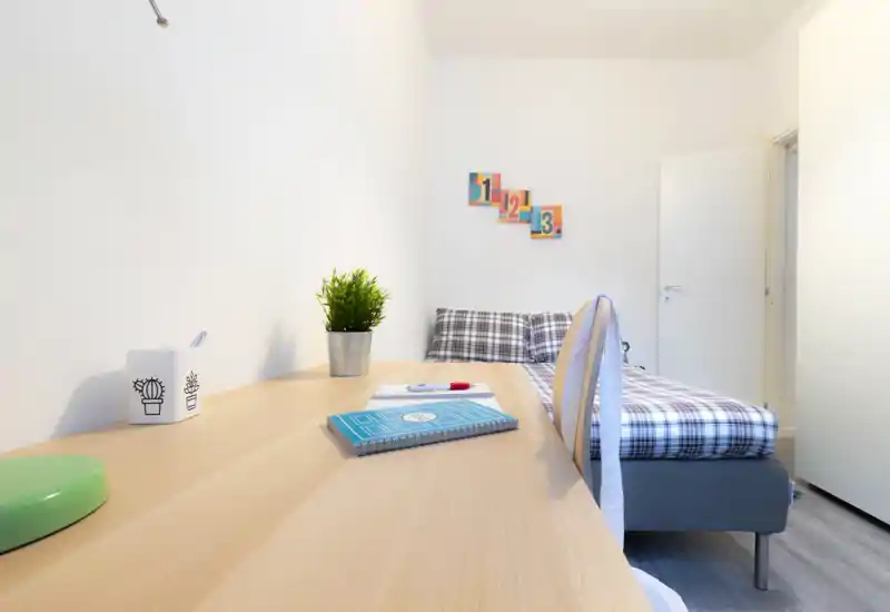 Bright, compact bedroom with a single bed dressed in a checked duvet, a wooden desk in the foreground and simple decorative accents — ideal for a student or short-term rental.