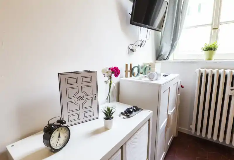 Rincón de salón luminoso y ordenado con detalles decorativos: plantas, despertador vintage, gafas de sol y televisor mural junto a una ventana con luz natural.