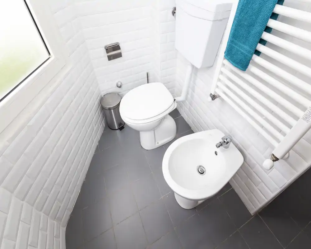 Bagno piccolo e pulito con WC e bidet, piastrelle bianche a mattoncino e pavimento grigio; luce naturale luminosa da una finestra.