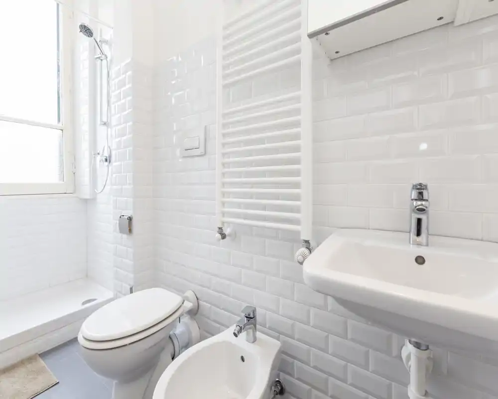 Salle de bains moderne et lumineuse avec carrelage métro blanc, lavabo, bidet, toilette et coin douche. Design épuré et bonne lumière naturelle, idéal pour les annonces locatives.