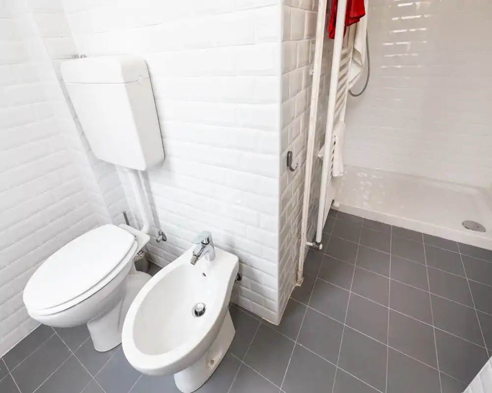Salle de bain moderne et lumineuse avec WC, bidet et douche à l'italienne. Carrelage métro blanc et sol gris pour une impression contemporaine et nette.