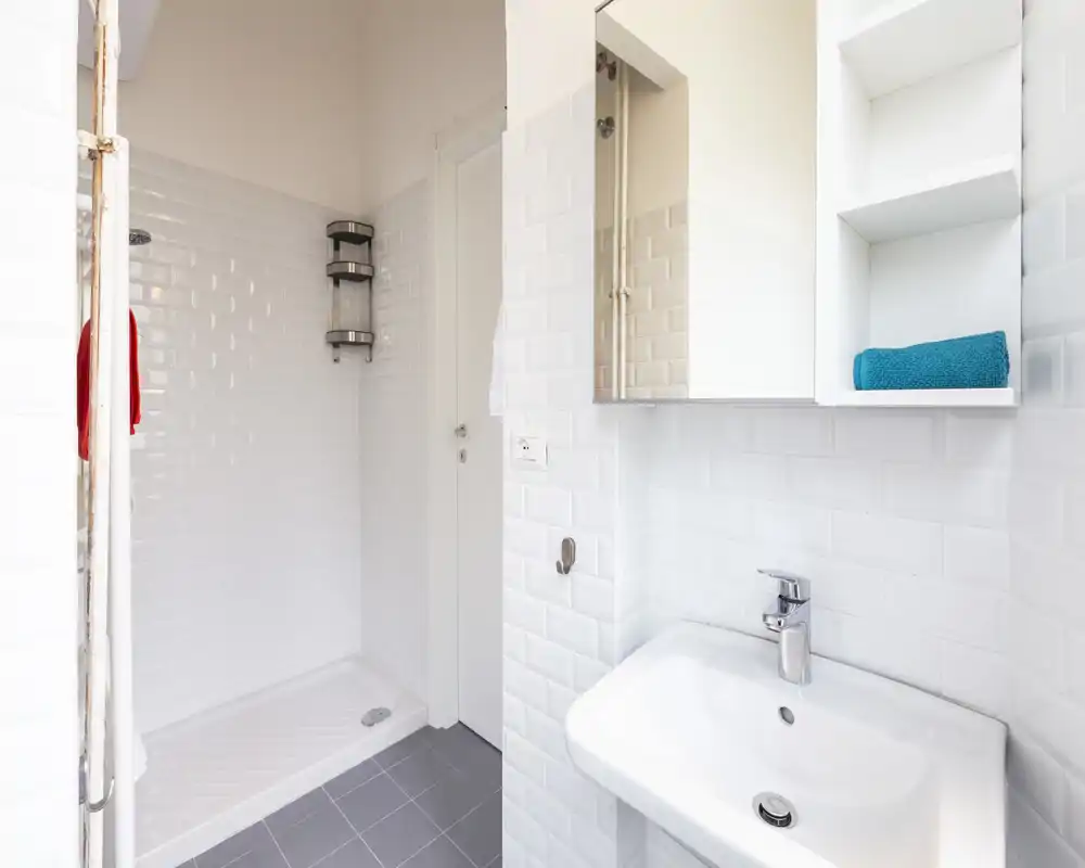 Salle de bain moderne et lumineuse avec douche carrelée, lavabo blanc, armoire-miroir et sol gris propre — nette et bien éclairée.