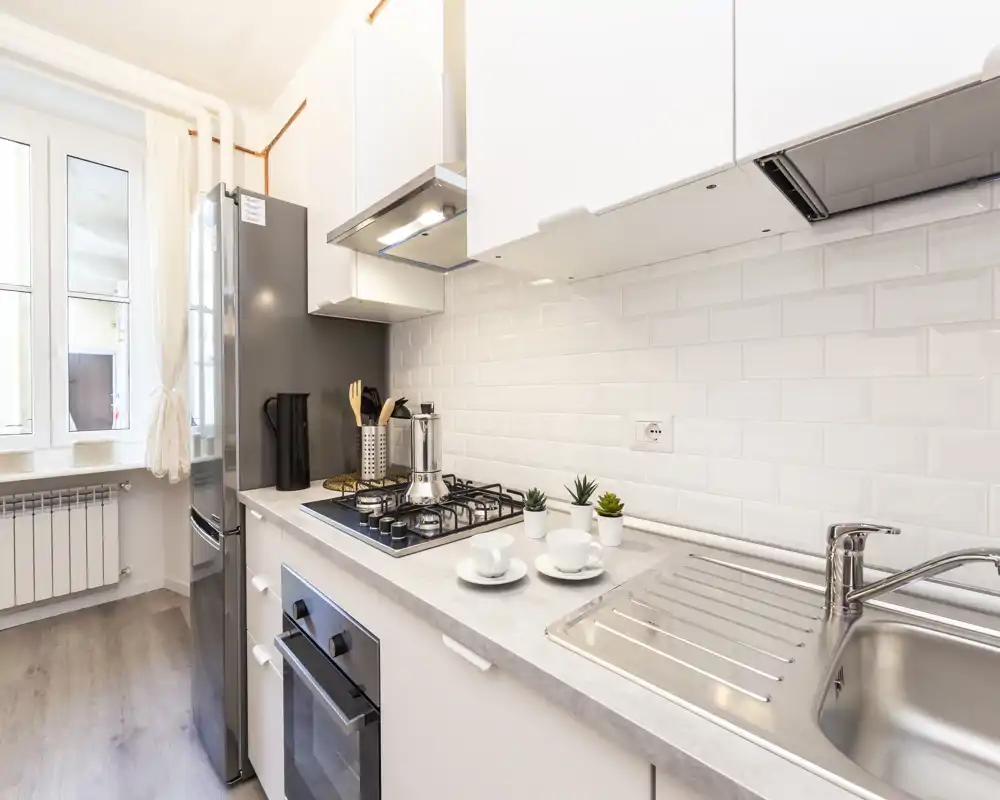 Cucina moderna e luminosa con mobili bianchi, lavello in acciaio inox e piano cottura a gas. Spazio di lavoro pulito e ben illuminato con piccole piante decorative e accessori sul piano.
