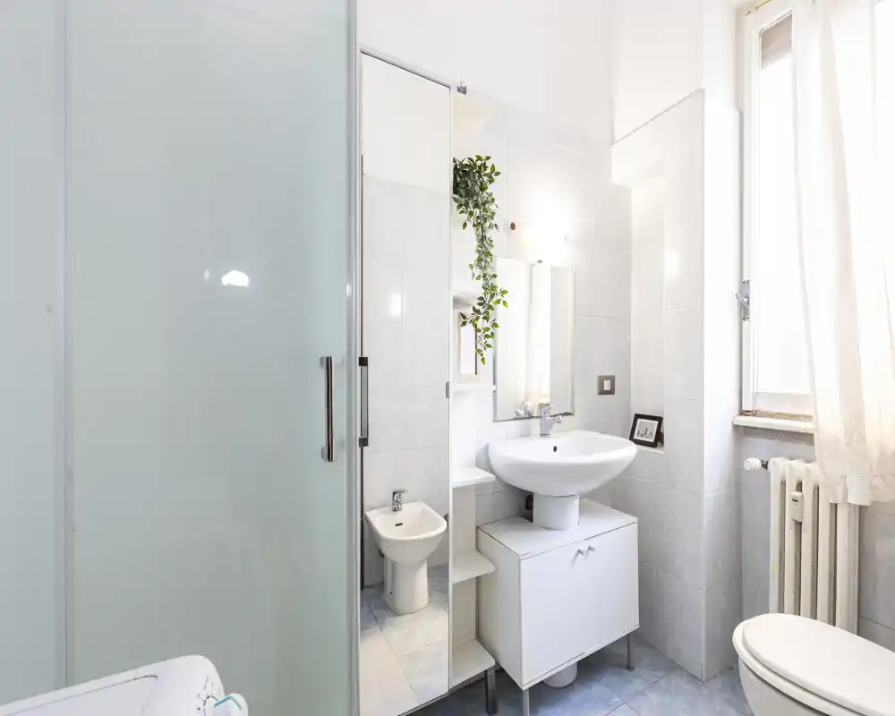 Bright, modern bathroom with a pedestal sink, mirrored cabinet, bidet and walk-in shower. Natural light from a large window and simple white tiles create a clean, airy feel.