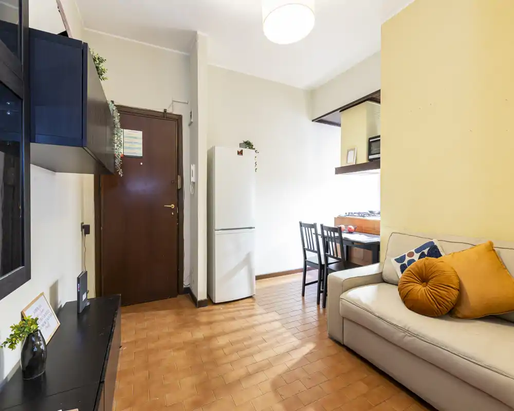 Bright, compact living area with a comfortable sofa, decorative cushions and a small dining/work table near the open kitchenette. The space feels welcoming and well-lit, suitable for a city apartment.