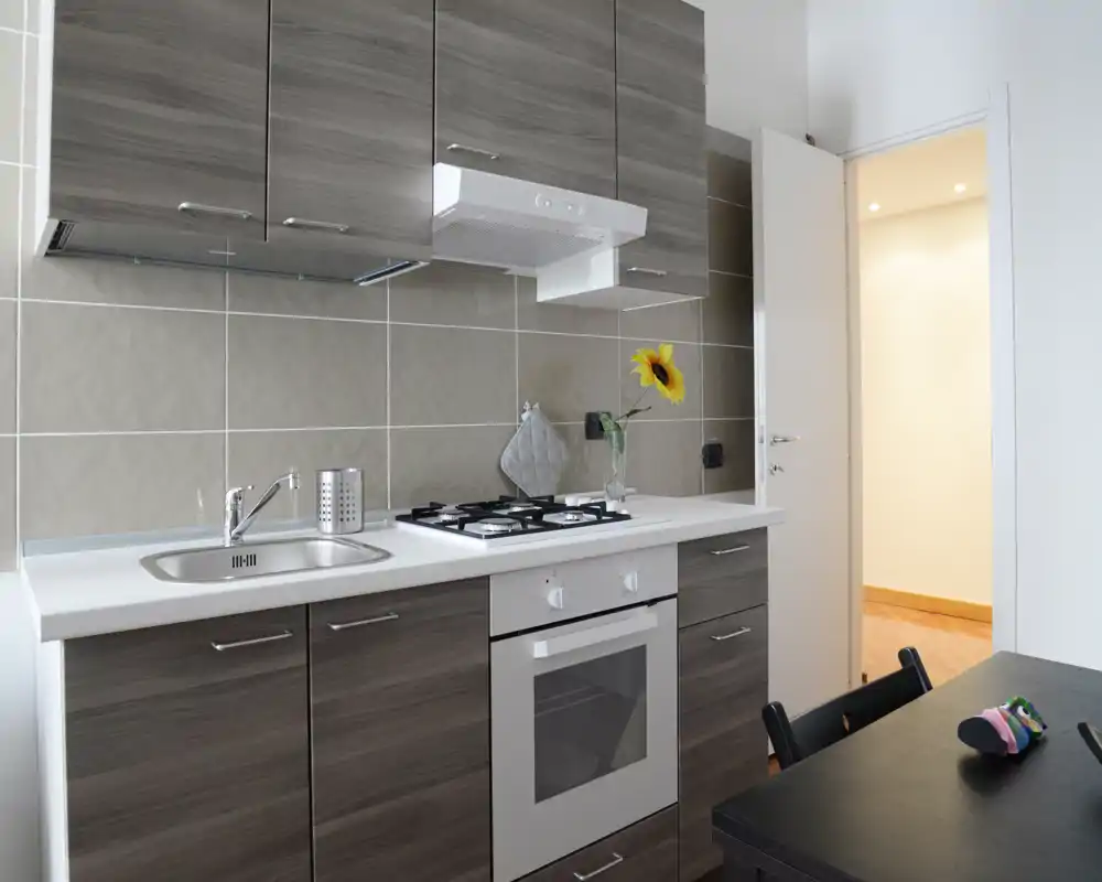 Cucina moderna compatta con pensili effetto legno, forno incassato, piano cottura a gas e lavello; ambiente luminoso e ordinato con un girasole decorativo sul piano.