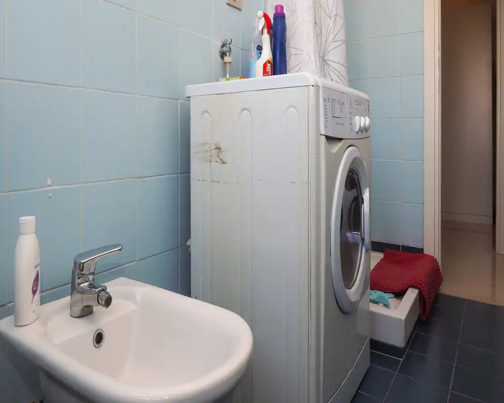 Small bathroom with blue tiled walls featuring a bidet in the foreground and a washing machine next to a shower area; cleaning products and textiles are visible.