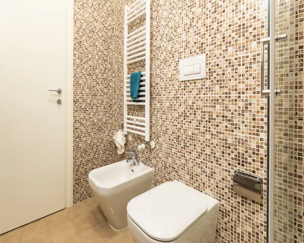 Baño moderno con paredes de mosaico, inodoro y bidé suspendidos y puerta de ducha de vidrio; iluminación cálida y accesorios cuidados crean un espacio limpio y acogedor.