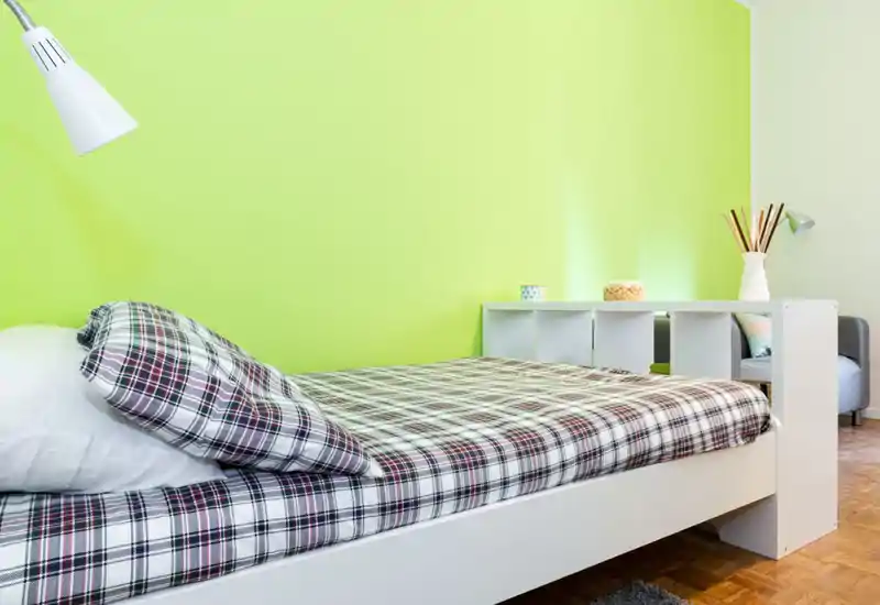 Bright, modern bedroom with a large bed dressed in plaid bedding against a fresh green wall; simple shelving and soft lighting create a cozy, contemporary feel.