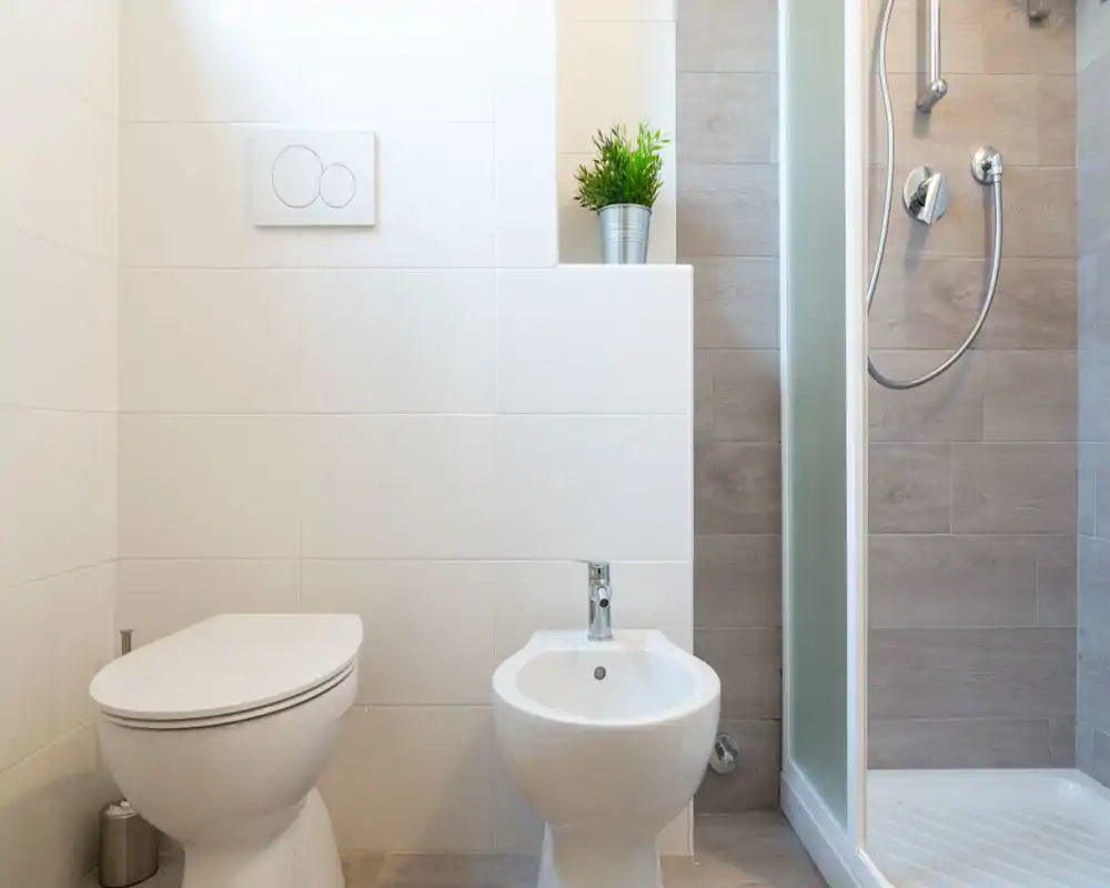 Bright, modern bathroom with wall-mounted toilet, bidet and a glass-enclosed shower; neutral tiles and a small potted plant add a fresh touch.