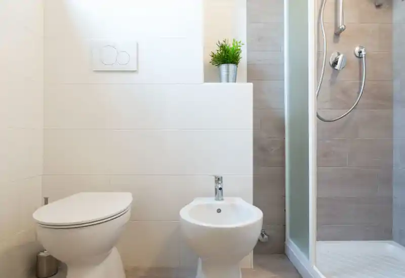 Bright, modern bathroom with wall-mounted toilet, bidet and a glass-enclosed shower; neutral tiles and a small potted plant add a fresh touch.