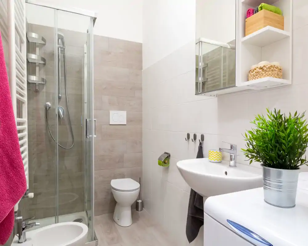 Bright, modern bathroom with a glass shower cabin, wall-mounted toilet, sink with mirror cabinet and tidy shelving; fresh towels and a potted plant complete the look.
