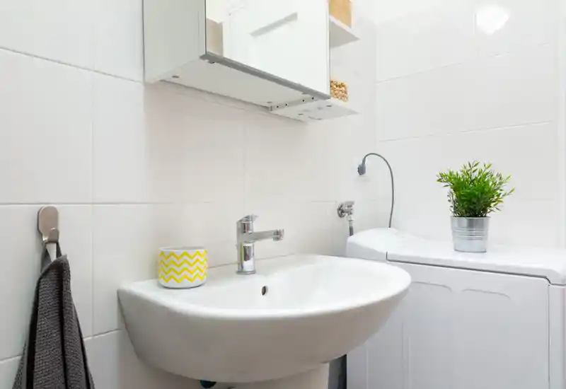 Bagno moderno e pulito con lavabo bianco, piastrelle chiare, una lavatrice compatta e una piccola pianta in vaso per un tocco fresco.