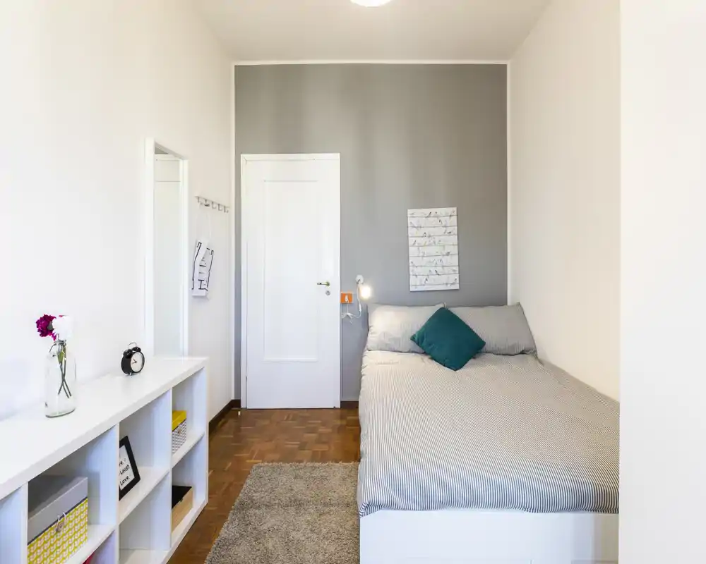 Camera da letto singola luminosa e ben curata con letto ampio contro la parete destra, cuscino decorativo e morbido tappeto; scaffalature minimal e uno specchio creano un ambiente pulito e arioso.