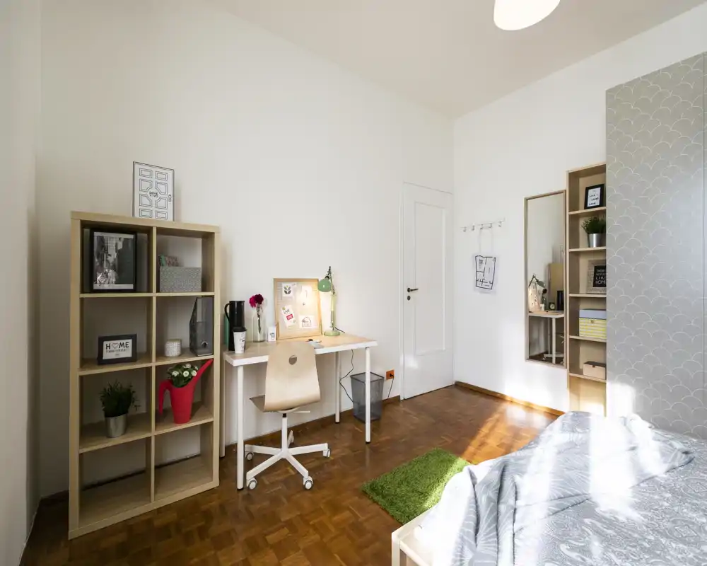 Bright, airy bedroom with a neat workstation, shelving units and a partially visible bed bathed in natural light—ideal for a student or remote worker.