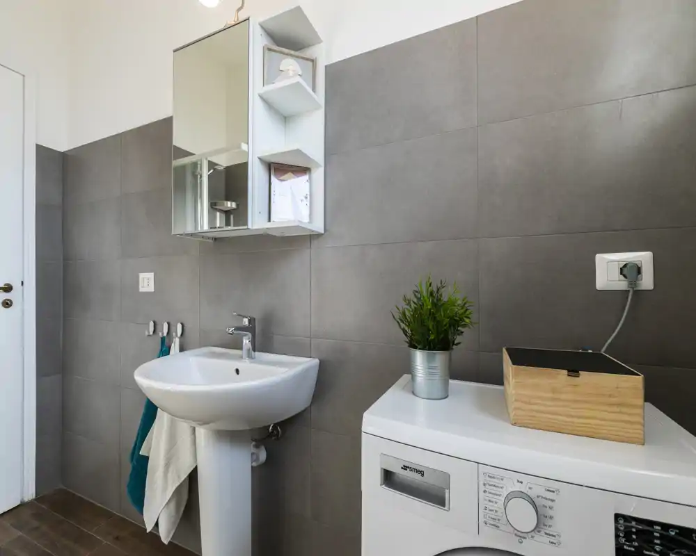 Clean, modern bathroom with a pedestal sink, mirrored medicine cabinet and a washing machine topped with a small plant and wooden box.