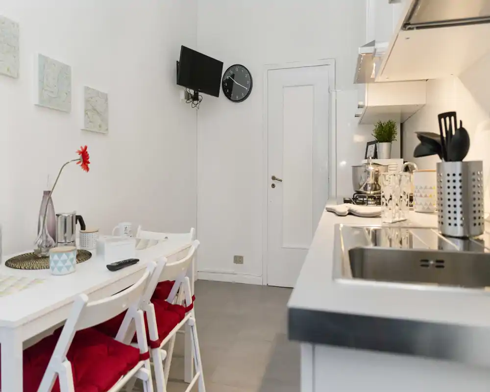 Cocina moderna y compacta con una larga encimera, fregadero y placa de gas a la derecha y una pequeña mesa con sillas con cojines rojos a la izquierda. Espacio limpio y bien iluminado con detalles decorativos sencillos como una flor y plantas.
