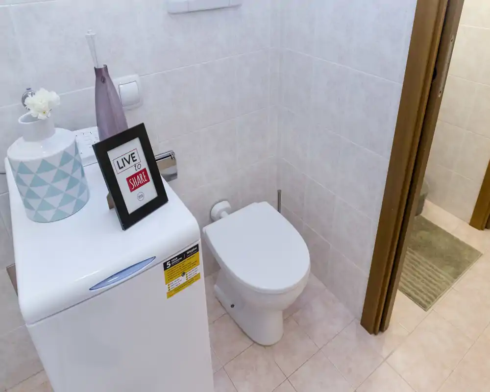 Rincón de baño compacto y bien iluminado con inodoro, paredes alicatadas y accesorios decorativos sobre un mueble; acabado limpio y moderno, ideal para anuncios.