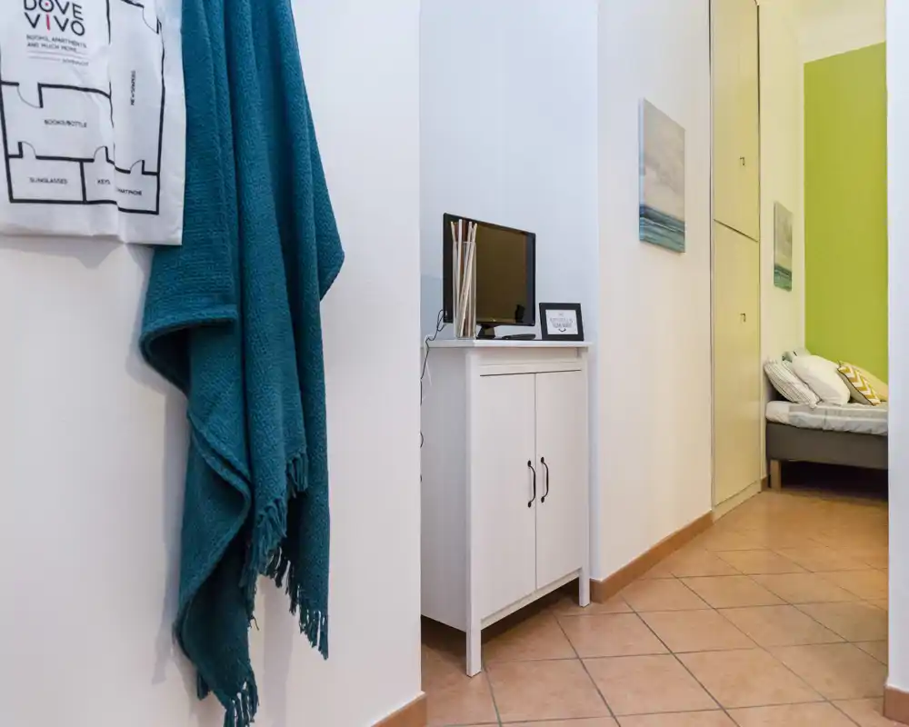 Zona de estar compacta y bien decorada con textiles suaves, un mueble bajo con TV y un sofá-cama al fondo — luminosa, acogedora y ordenada.